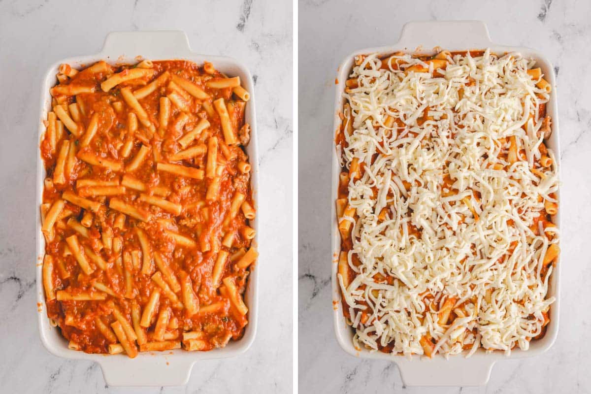 Two images showing uncooked ziti with sausage in a baking dish being topped with shredded cheese.
