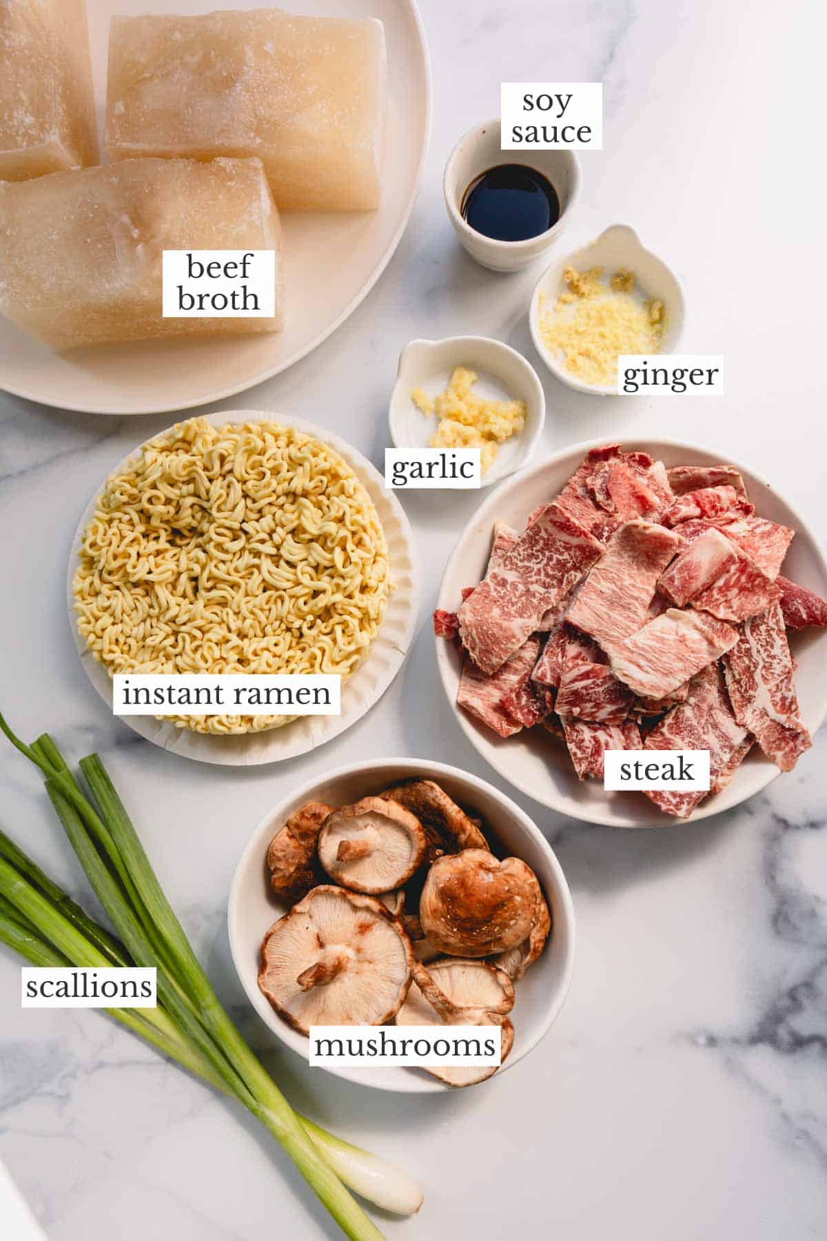 Ingredients needed to make an easy ramen recipe with mushrooms and steak.