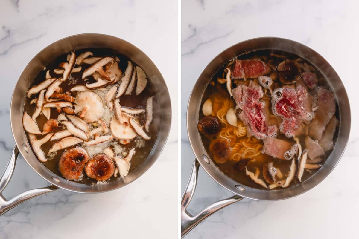 Two images showing the process of creating an easy ramen recipe in a pot.