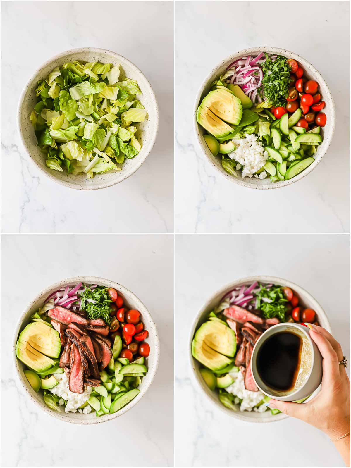 Four images showing the process of assembling a leftover steak salad with dressing.