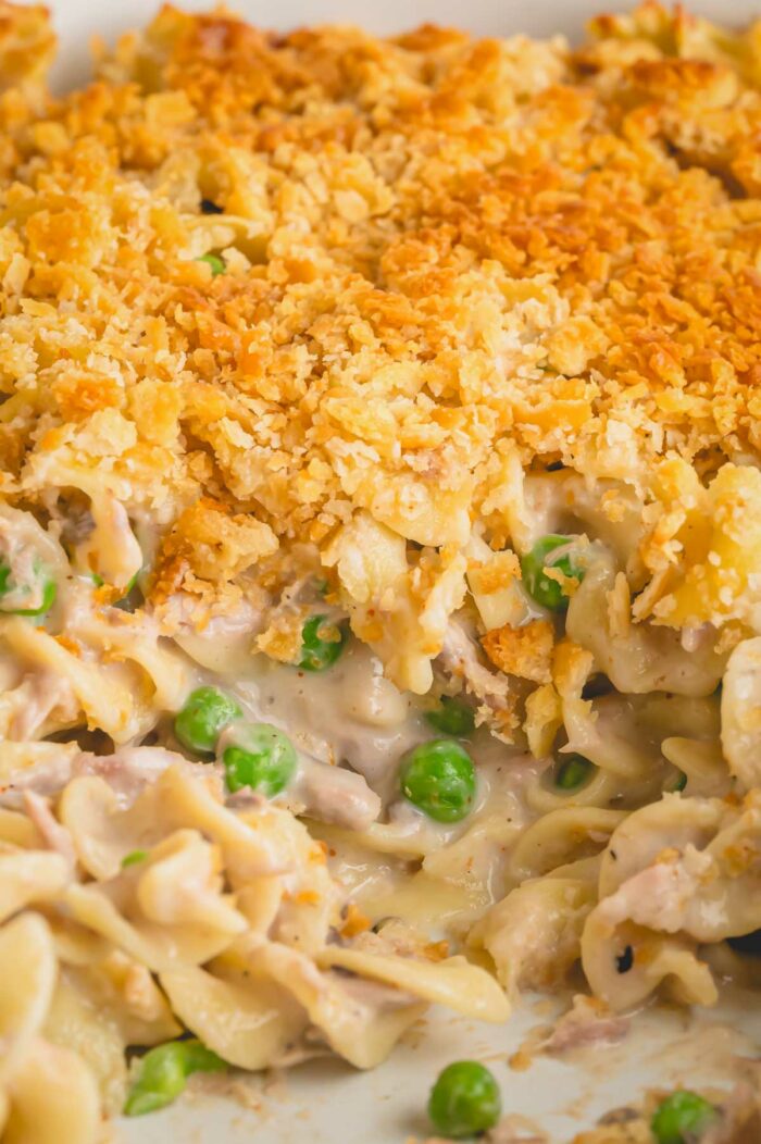 Side view of a tuna casserole with a buttered cracker topping.
