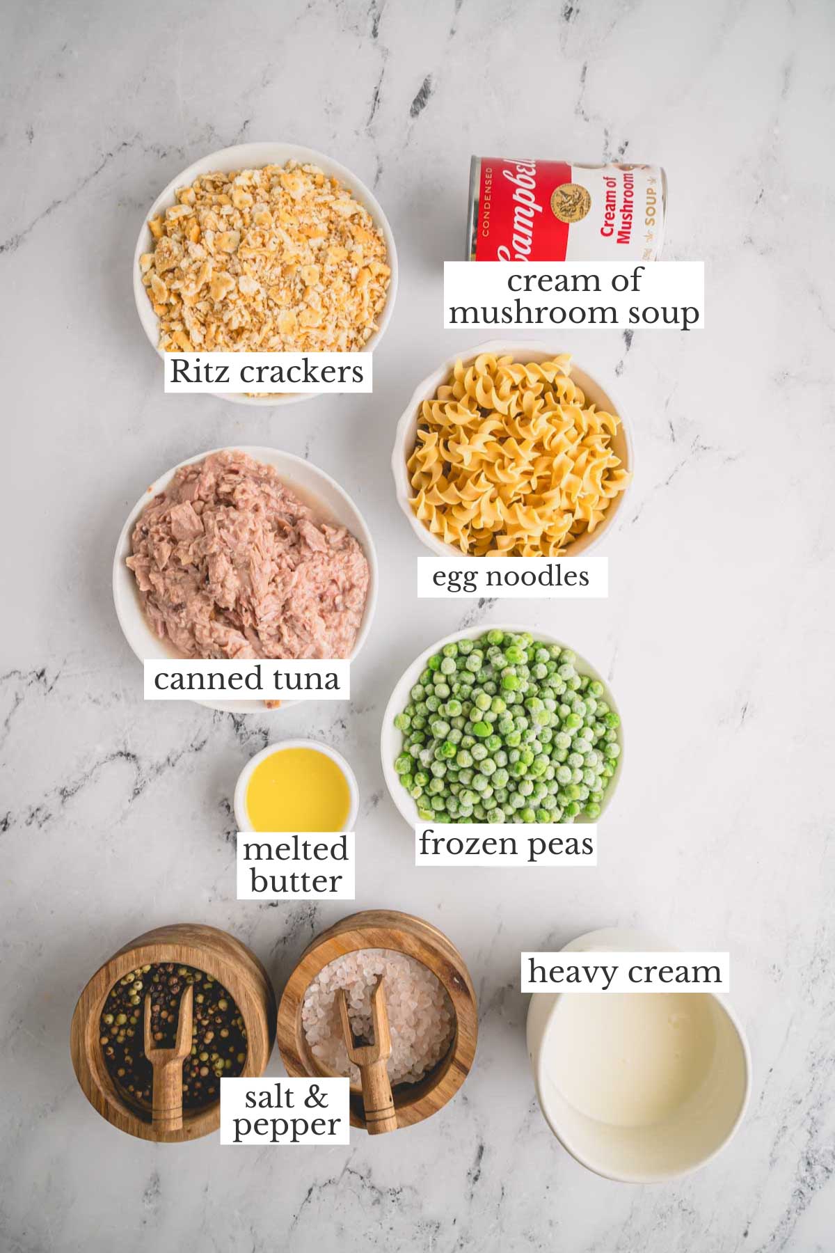 Ingredients needed to make easy tuna casserole recipe.