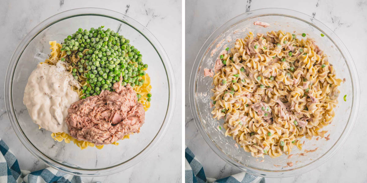 Two images showing the process of combining the ingredients for tuna casserole.
