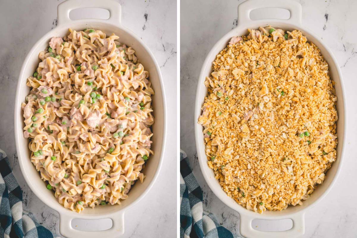 Two images showing an uncooked tuna casserole without a cracker topping and with it.