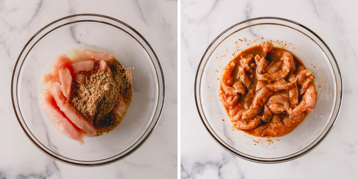Two images showing the process of marinating chicken in fajita seasoning.