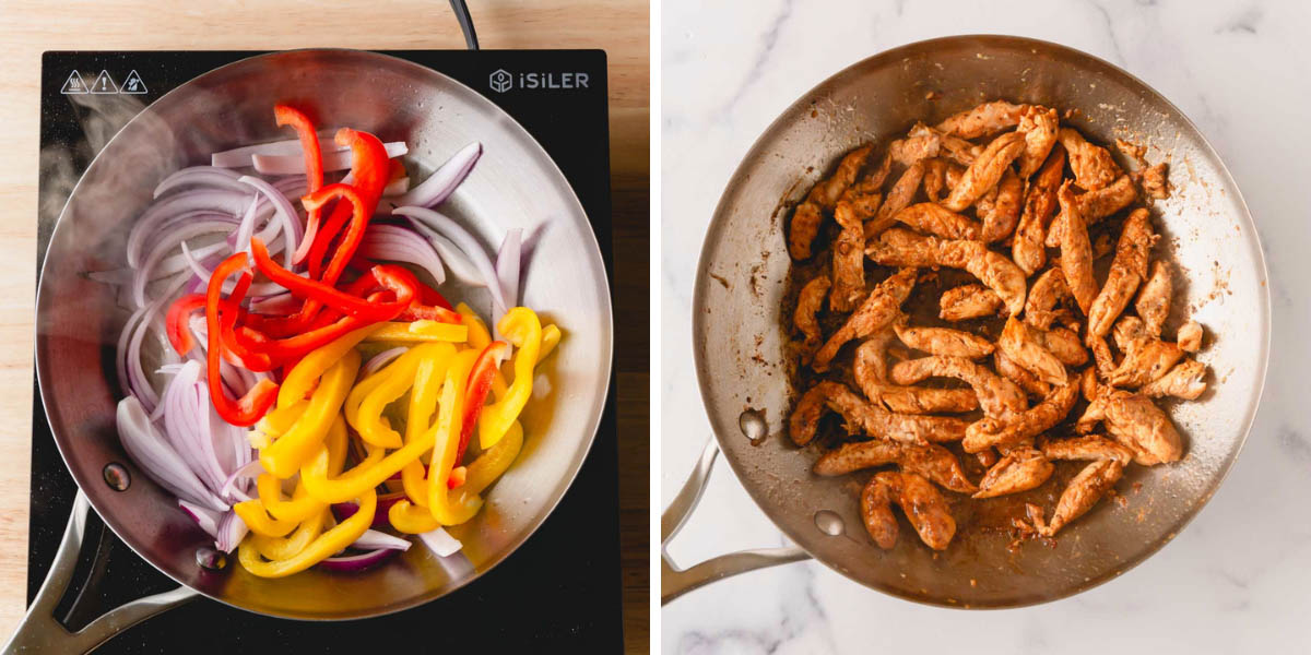 Onions and peppers in a skillet on the left and seasoned chicken in a skillet on the right. 