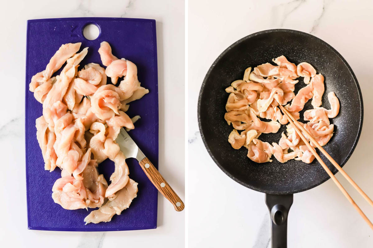 Two images showing chicken being chopped and cooked in a wok.