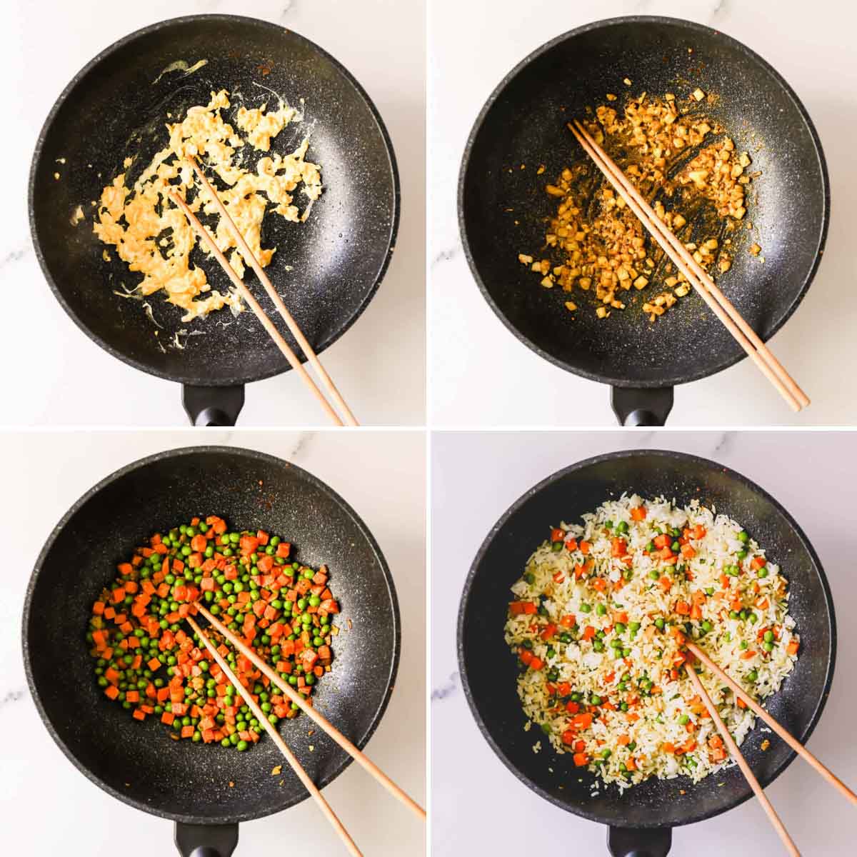 Four images showing the process of making fried rice with eggs, onions, peas, and carrots.
