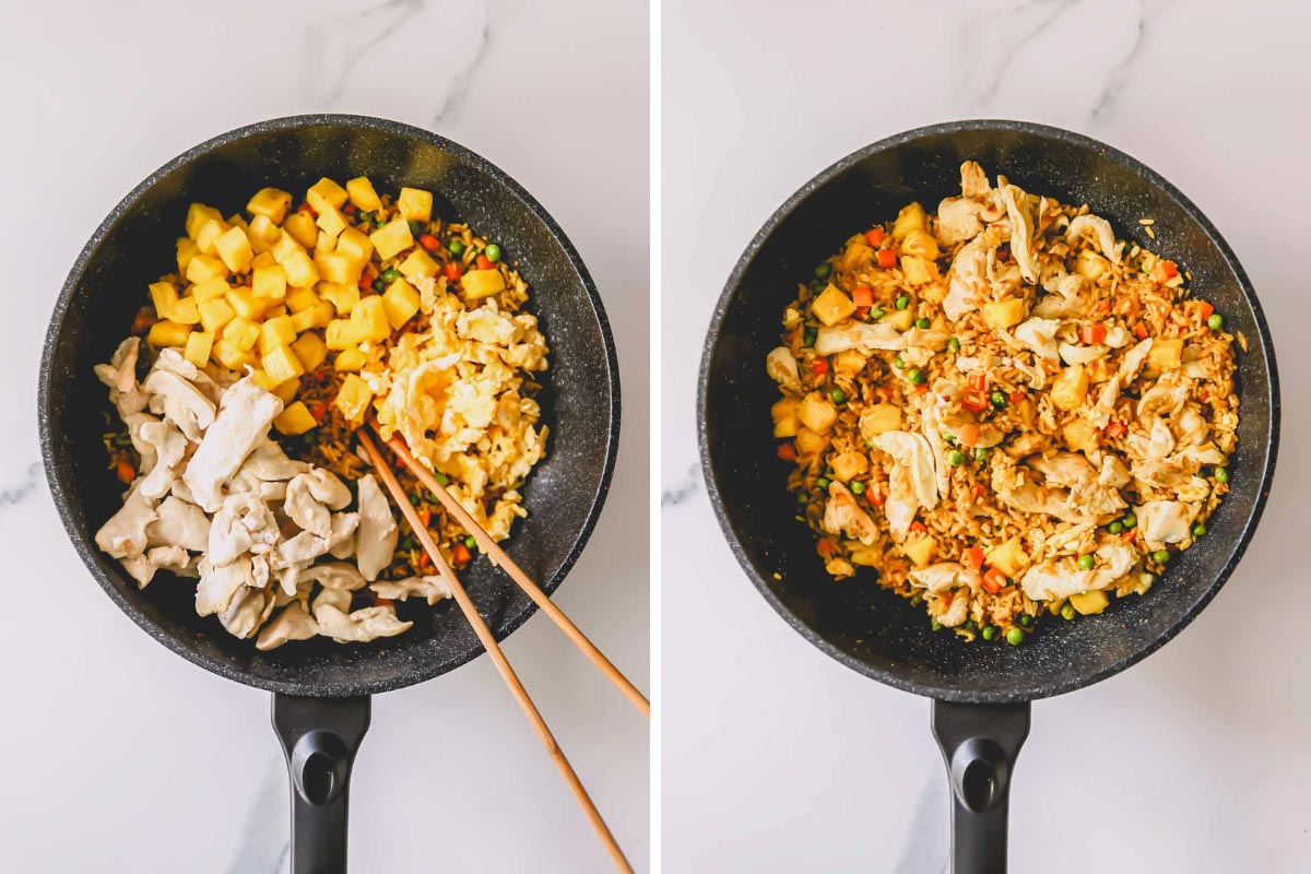 Two images showing cooked chicken and pineapple pieces being added to veggie fried rice.