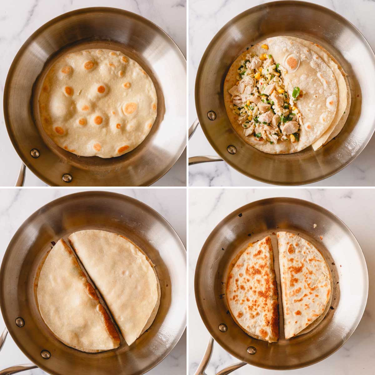 Four images showing the process of making a chicken quesadilla in a skillet.