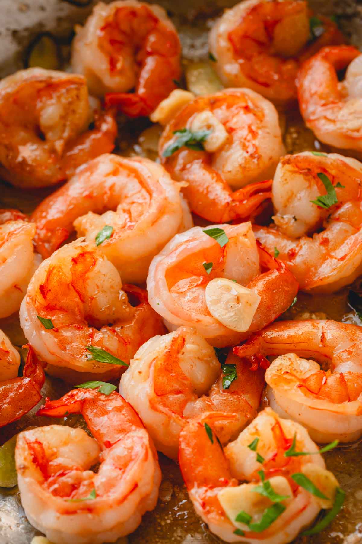 Close up image of garlic butter shrimp.