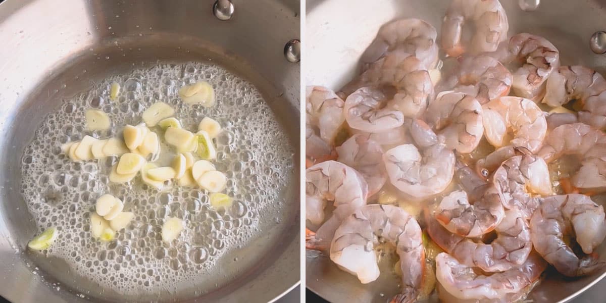 Two images showing the process of sautéing garlic and butter and adding shrimp.