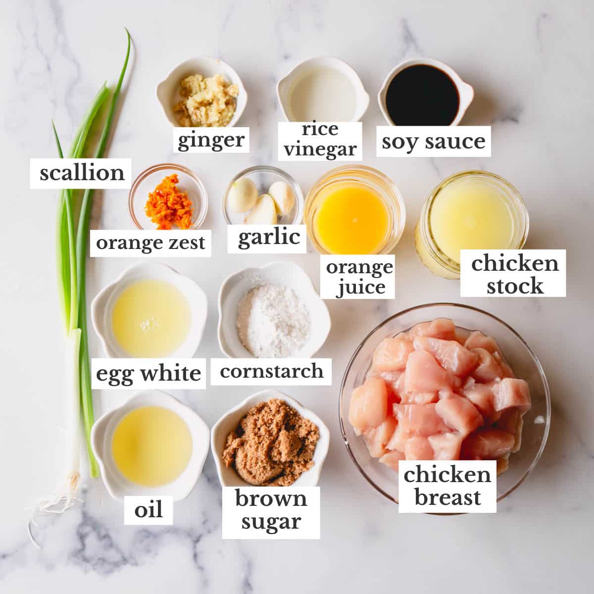 Ingredients to make homemade healthy orange chicken.