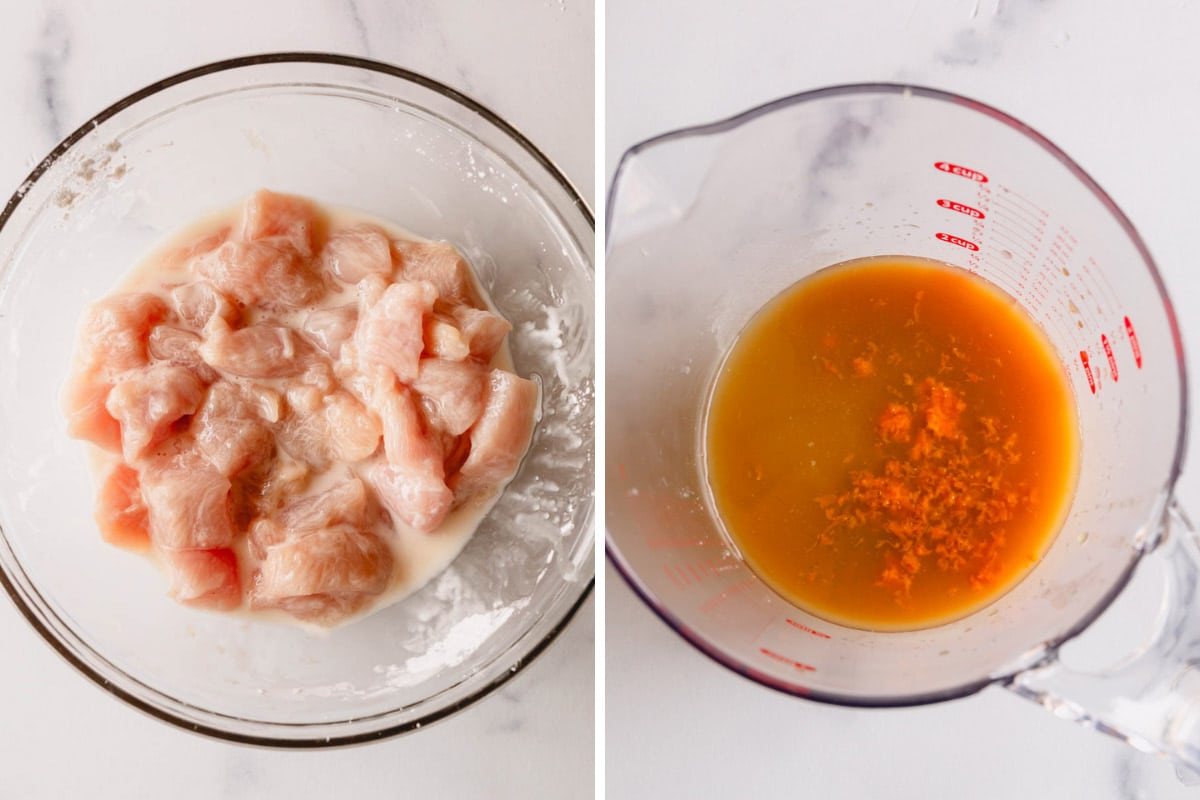 Two images showing a bowl of raw chicken pieces and a liquid measuring cup or orange sauce.