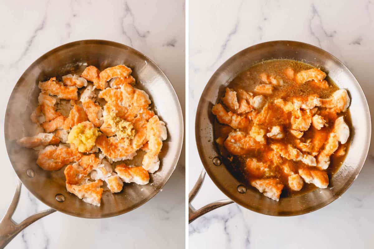 Two images showing the process of cooking orange chicken in a pan.