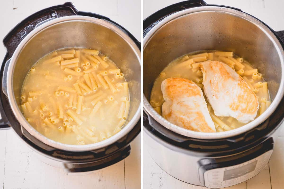 Two images showing pasta noodles and broth in an Instant Pot and chicken breasts placed on top.