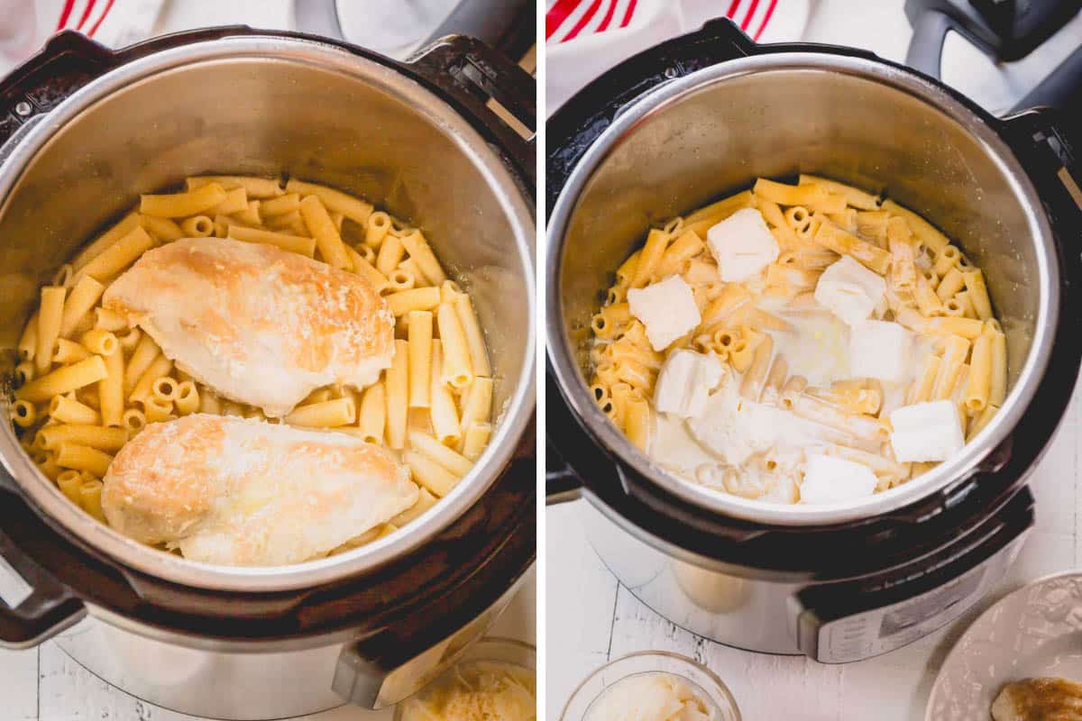 Two images showing cream cheese being added to noodles and chicken in an Instant Pot.