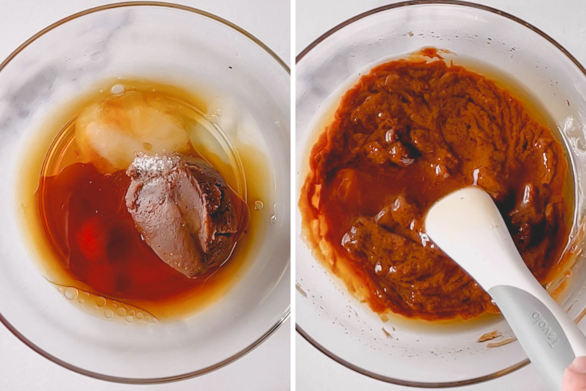Two images showing the process of mixing ingredients for a miso marinade.