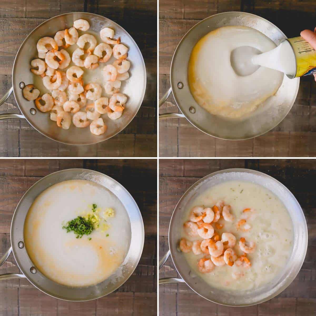 The process of creating creamy coconut shrimp in a skillet.