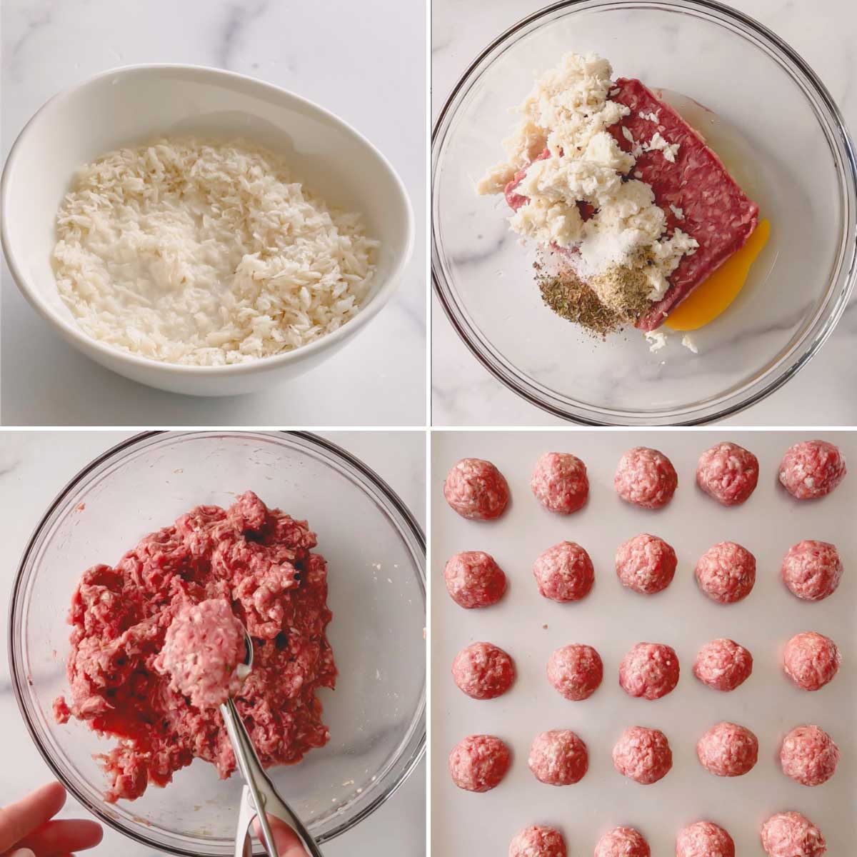 Four images showing the process of combining meatball ingredients and shaping the mixture into balls.