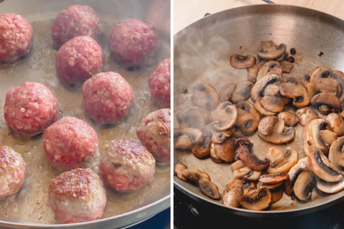Meatballs cooking in a pan and mushrooms cooking in a pan.