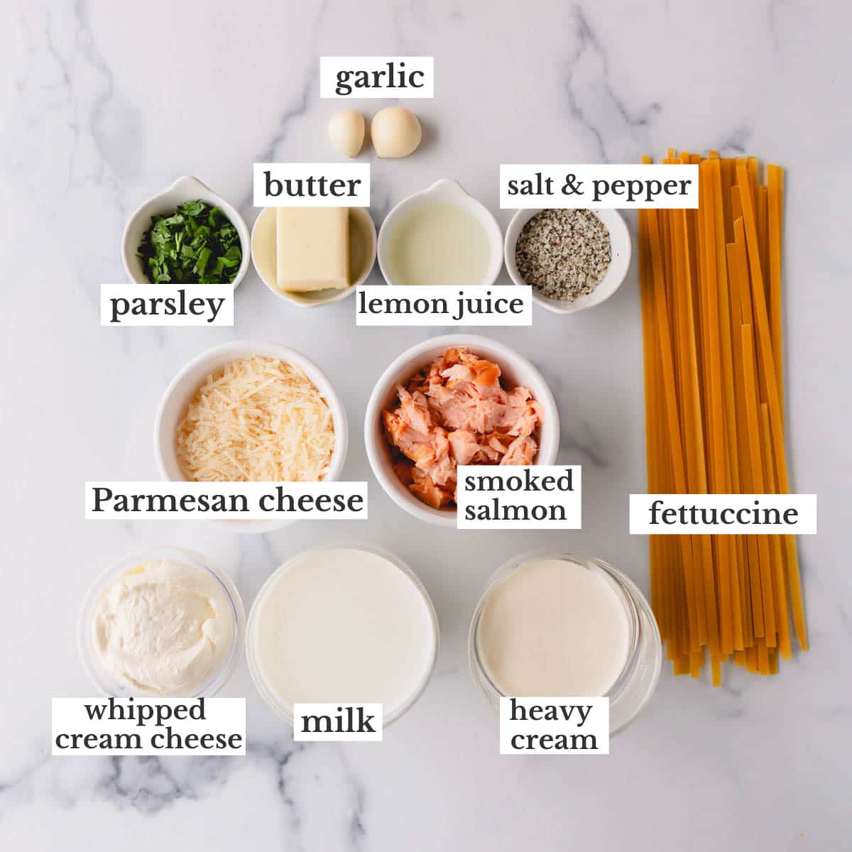 Ingredients needed to make smoked salmon fettuccine.