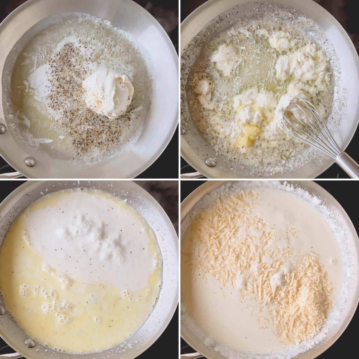 The process of creating alfredo sauce from scratch in a pan.
