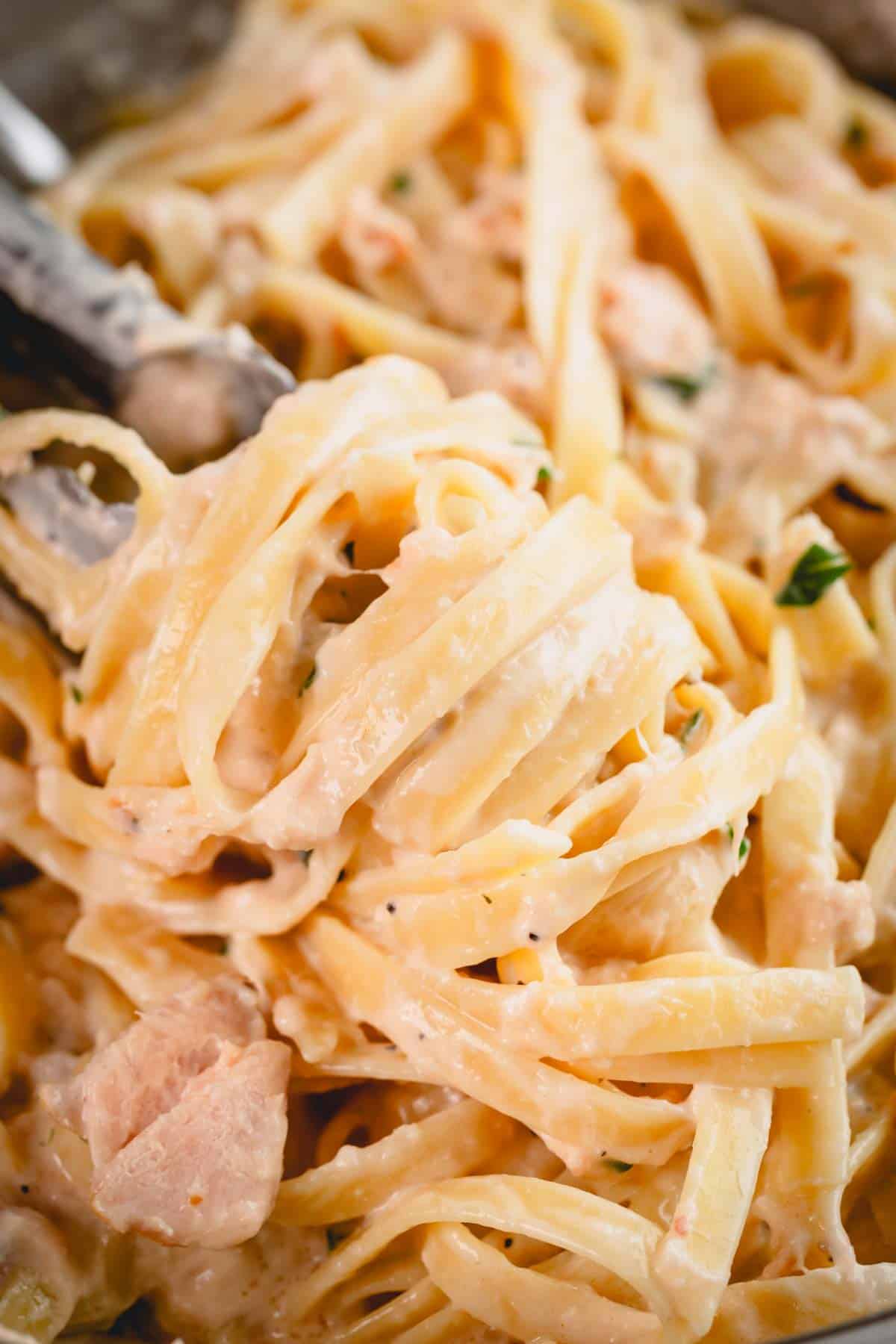 A serving spoon with smoked salmon fettuccine swirled around it.