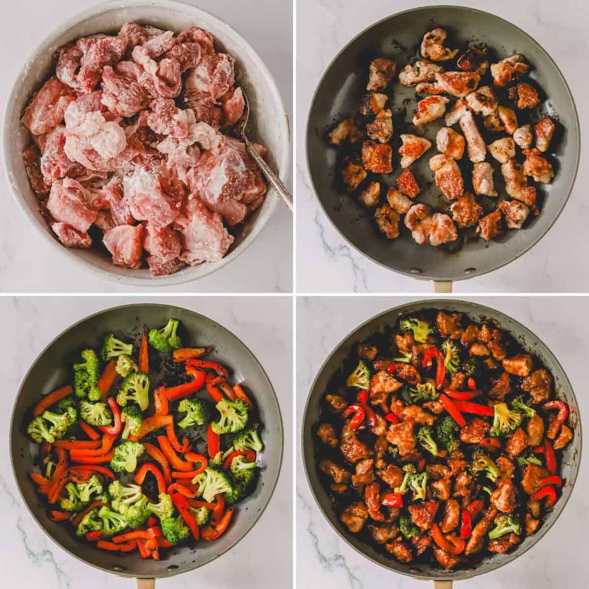 Four images showing the process of searing pork and creating a stir fry.
