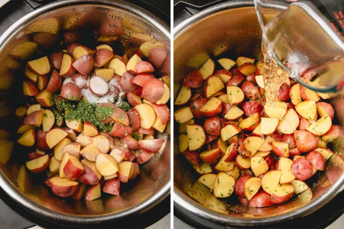Side-by-side images of potatoes and seasonings in Instant Pot and pouring in water over the potatoes.