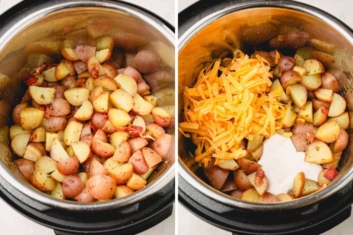 Side-by-side images of cooked potatoes in Instant Pot and added shredded cheese and ranch dressing on the potatoes.