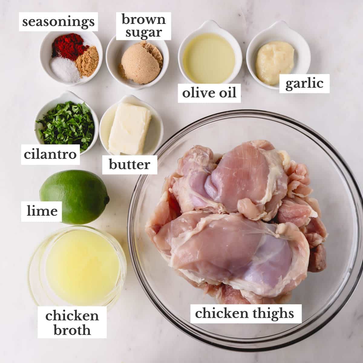 Ingredients to make cilantro lime chicken thighs.