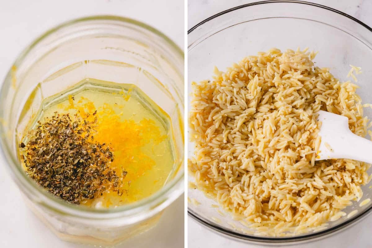 Orzo salad dressing ingredients in a jar and cooked orzo pasta in a bowl.