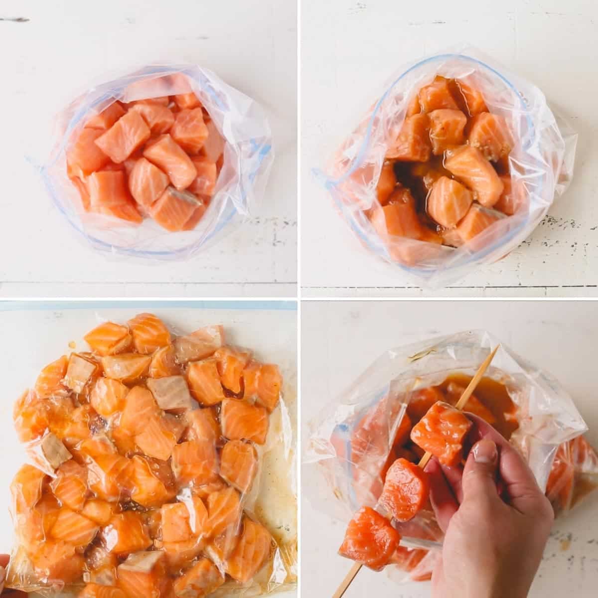 Four images showing the process of marinating and skewering salmon cubes.