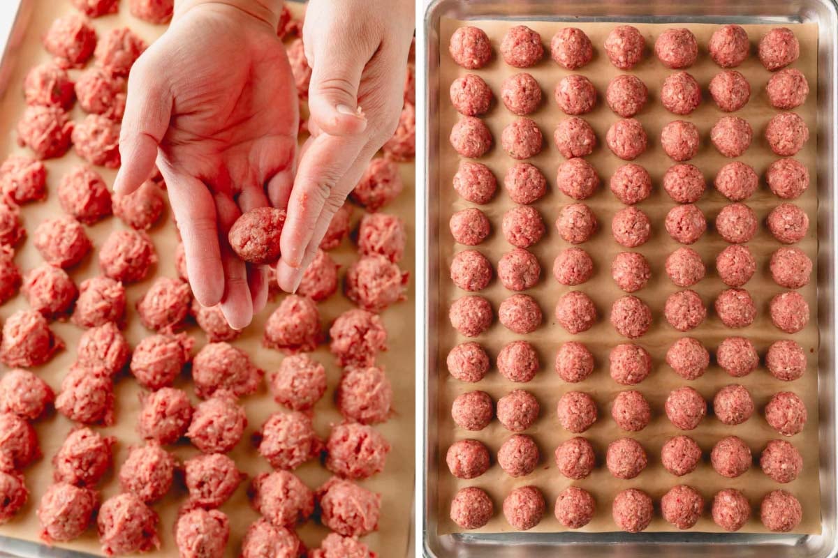 Raw ground beef meatballs being rolled to create a smooth surface.