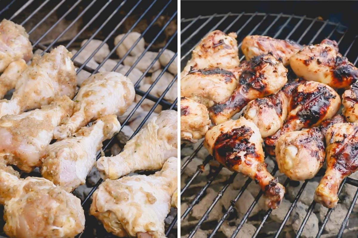 Two images showing the process of grilling Jamaican jerk chicken drumsticks.