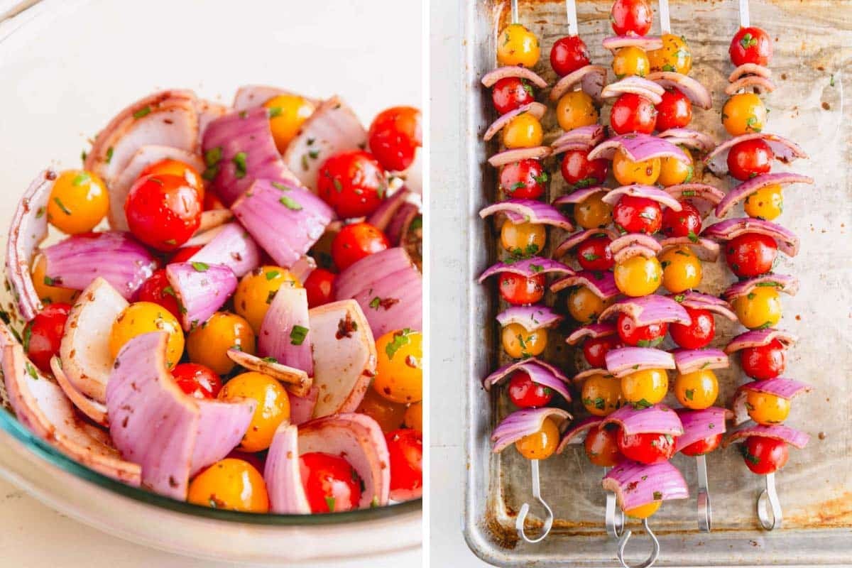 A bowl of marinated vegetables and the vegetables on metal skewers.