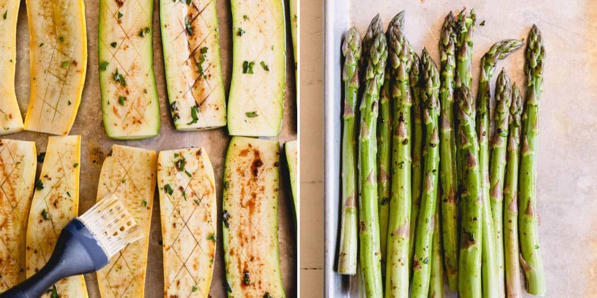 Zucchini and squash being brushed with marinade and asparagus spears on a baking dish.