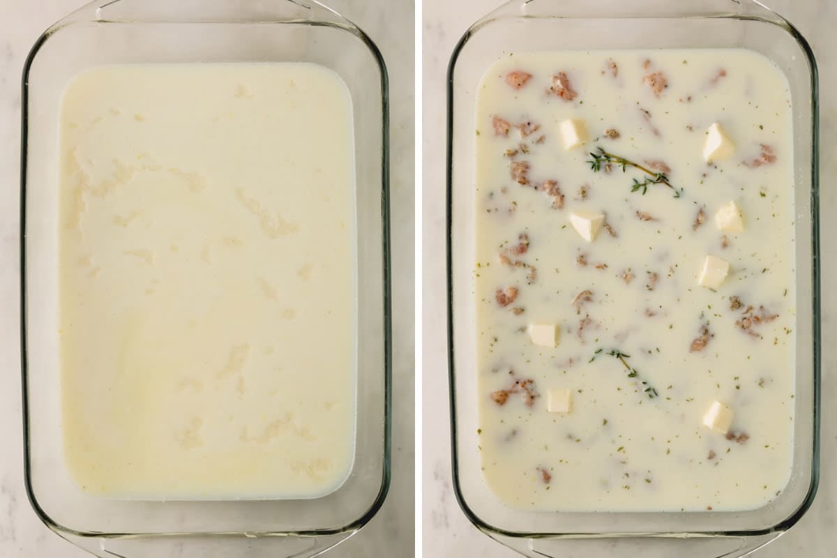 Two images showing the process of adding milk, chicken, butter, and seasonings to a casserole dish.