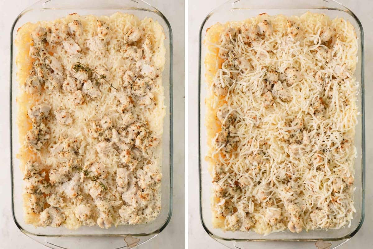 A baking dish of chicken and rice casserole and a second image showing the casserole topped with shredded cheese.