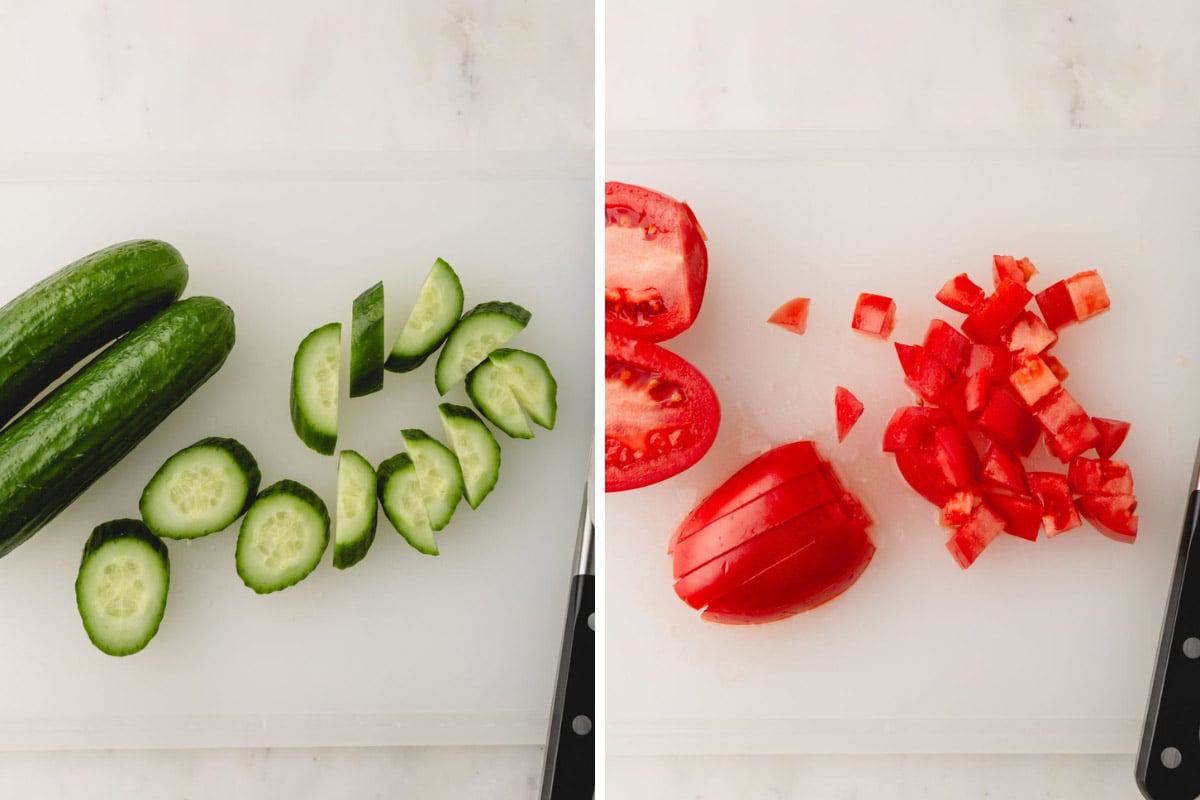 Side by side images of slicing cucumbers and cubing tomatoes.