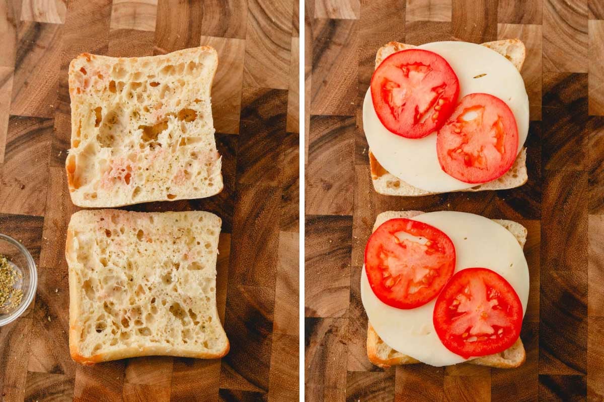 Two bread slices with olive oil and red wine vinegar and provolone and tomato slices on top.