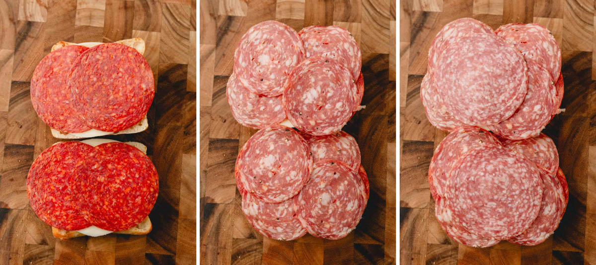 Three images showing cold cuts being layered on two Italian sandwich halves.