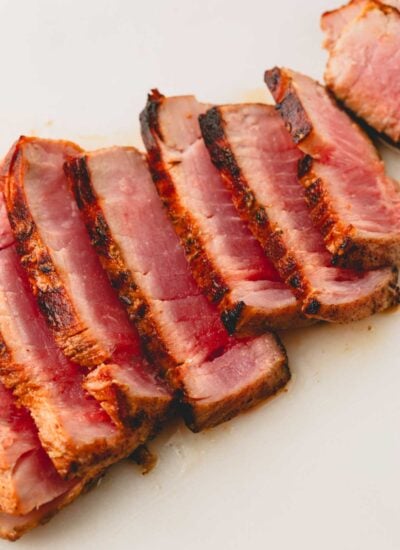 Slices of seared ahi tuna.