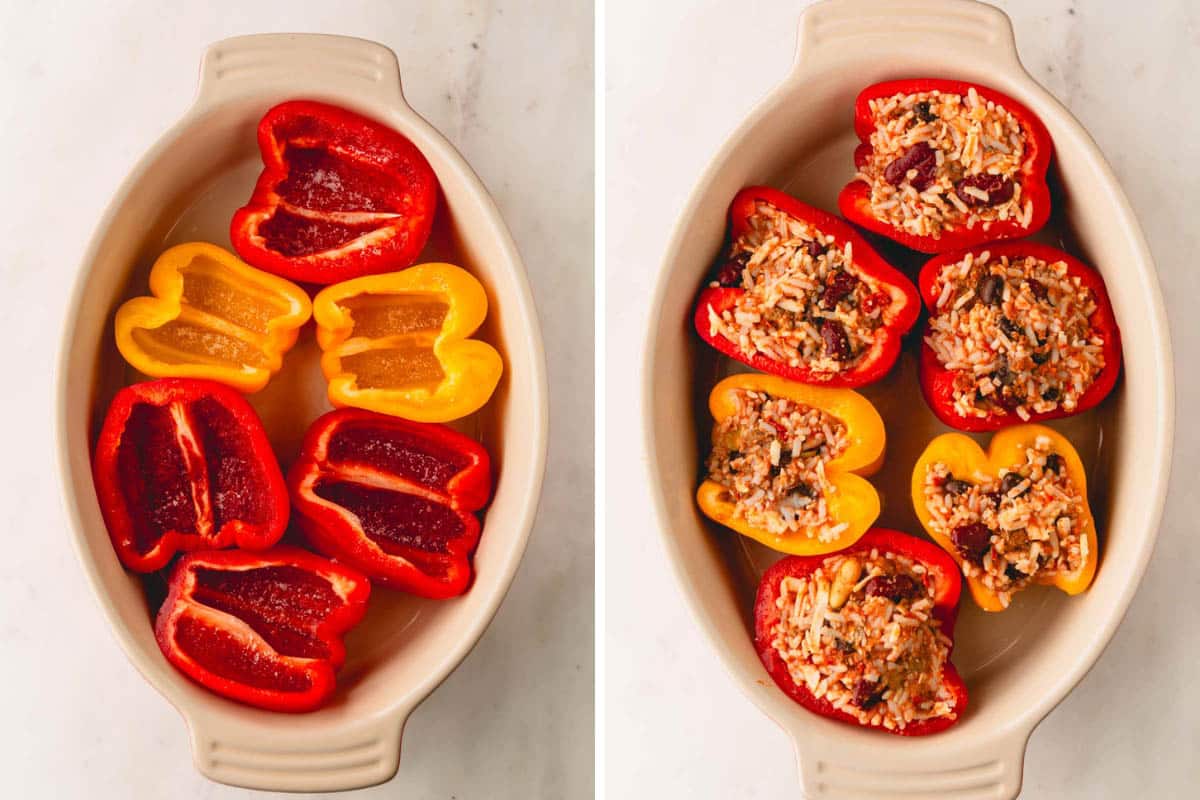 Halved bell peppers in a casserole dish and the peppers full of rice and chili.