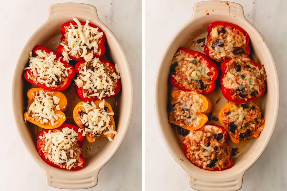 Images of unbaked and baked chili stuffed bell peppers topped with cheese.