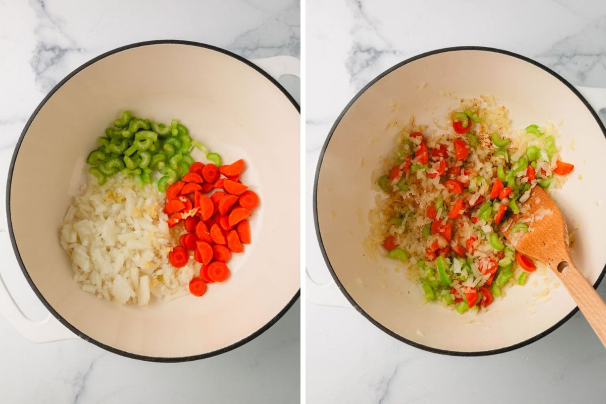 The large white pot on the left has onion, carrot, celery, and garlic added. The pot on the right has the vegetables sauteed until softened.