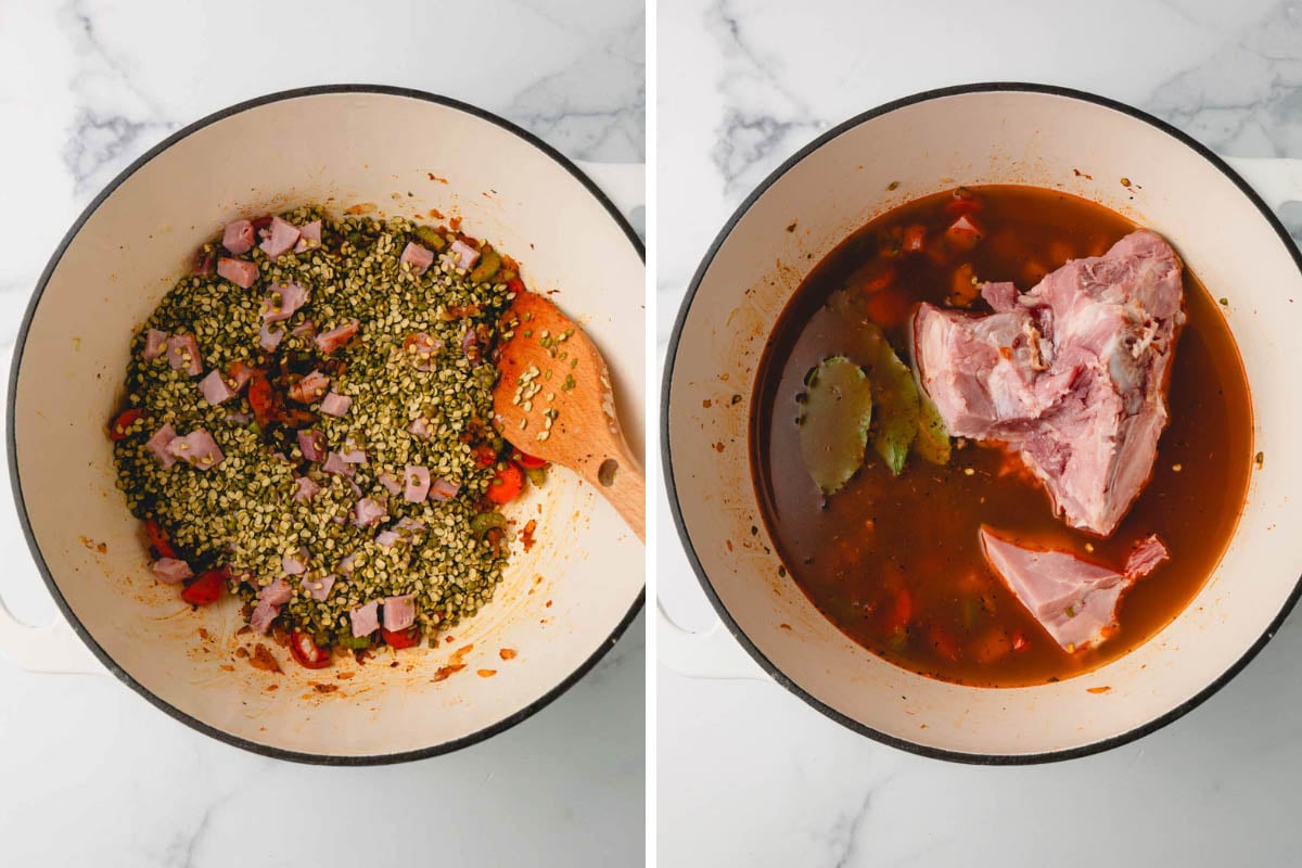 The big white pot on the left has the lentils added to the cooked vegetables with a large wooden spoon. The white pot on the right has the chicken stock, ham bone, and bay leaves added.
