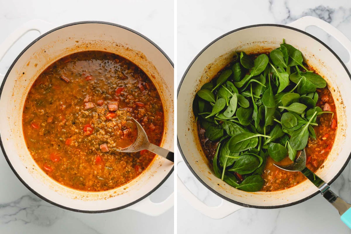 The big white pot on the left has finished soup with the ham bone and bay leaves removed. The pot on the right has the fresh baby spinach being added. Both pots have a large metal spoon in them.