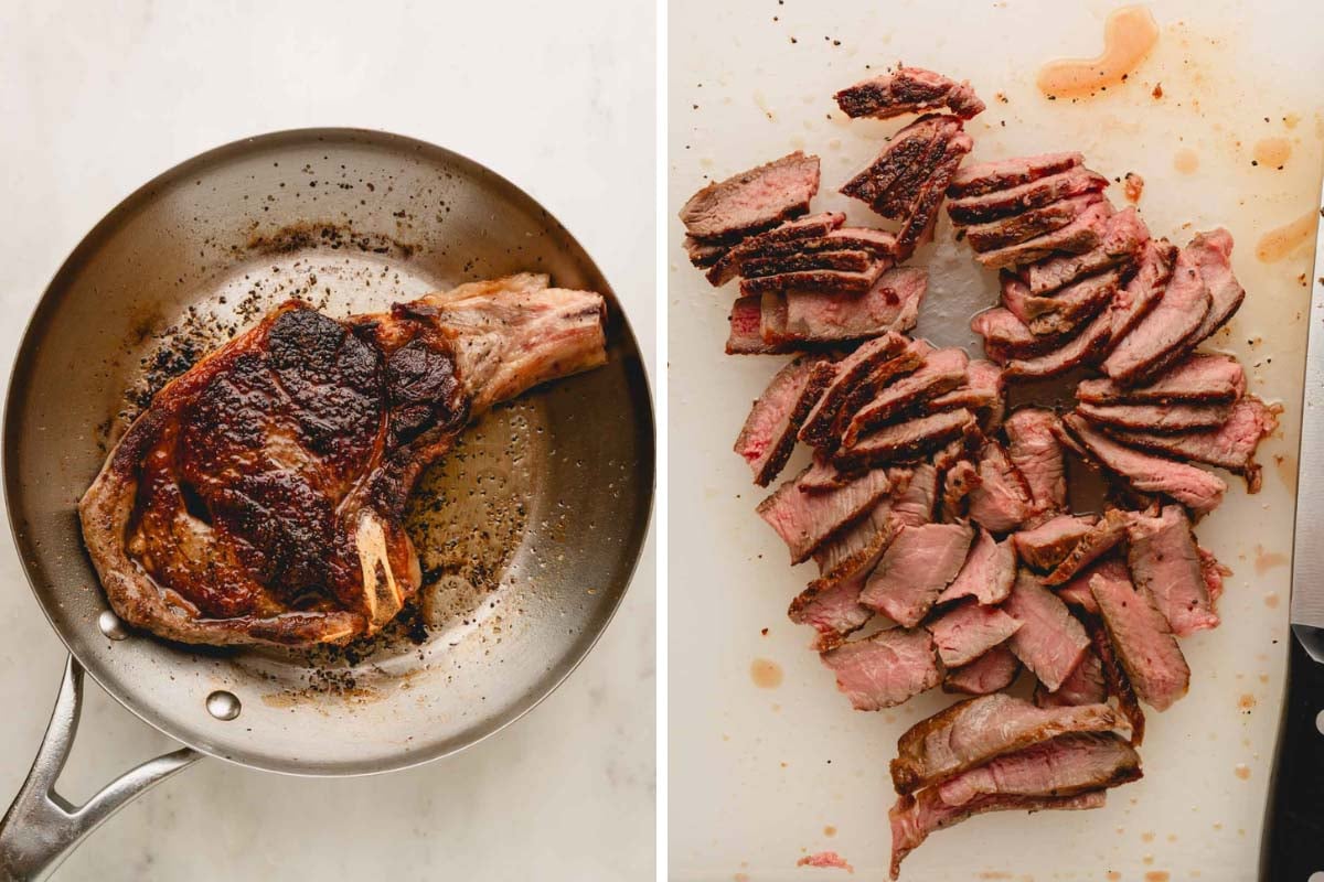 A ribeye steak searing in a skillet and the steak sliced into pieces on a cutting board.